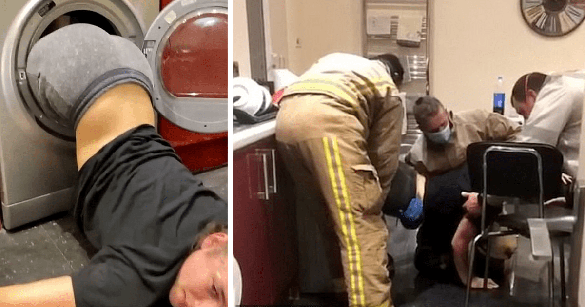 Уморительное спасение британки, которая на спор залезла в сушильную машину (4 фото)
