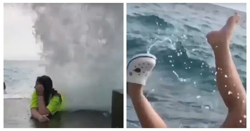 Туристку смыло с волнореза во время фотосессии (2 фото + 1 видео)