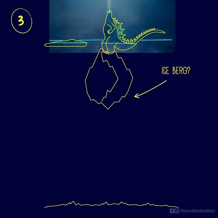 Парень в смешных иллюстрациях показал, как Годзилла в глубоких океанических водах могла находится практически всем своим телом на поверхности (15 фото)