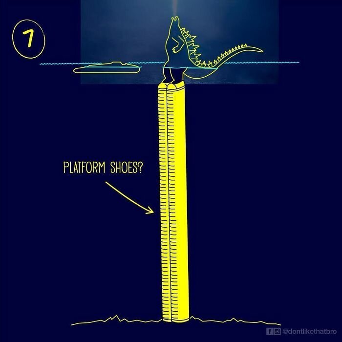 Парень в смешных иллюстрациях показал, как Годзилла в глубоких океанических водах могла находится практически всем своим телом на поверхности (15 фото)