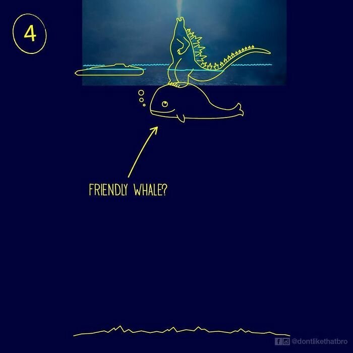 Парень в смешных иллюстрациях показал, как Годзилла в глубоких океанических водах могла находится практически всем своим телом на поверхности (15 фото)